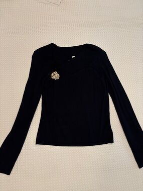 Moth Black Long-Sleeve Top with Gold Tone Brooch